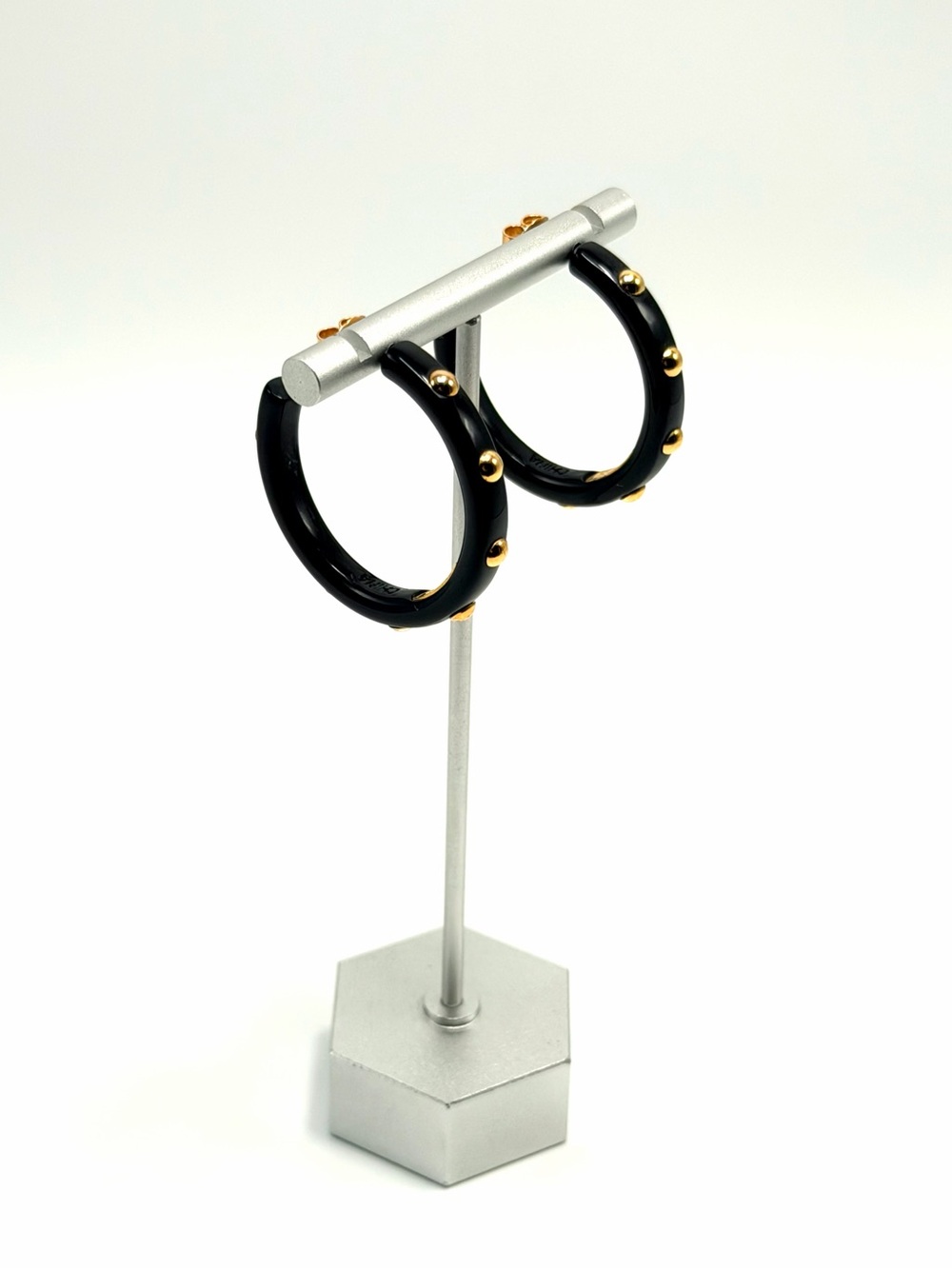 Coach Black Lucite Gold Tone Studded Hoop Earrings 1.5” Logo - Picture 9 of 14